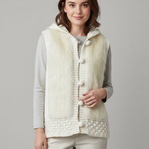 A Tricoter Faux Fur Vest Size Small Hooded Handknit Cream Cozy Boho